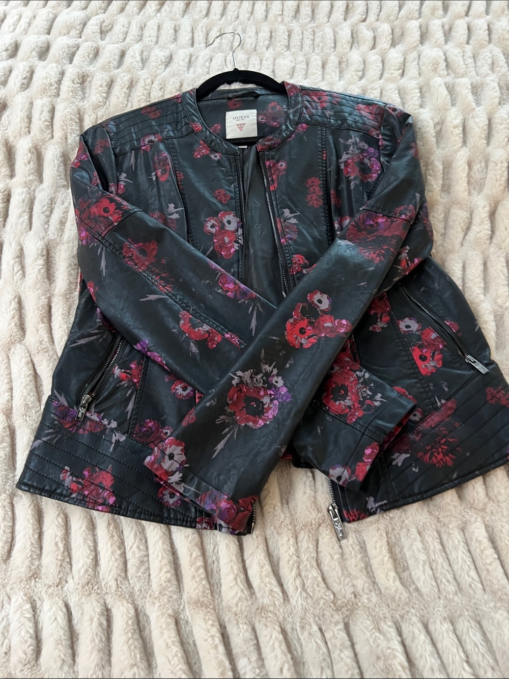 Guess Black Faux-Leather Floral Moto Jacket